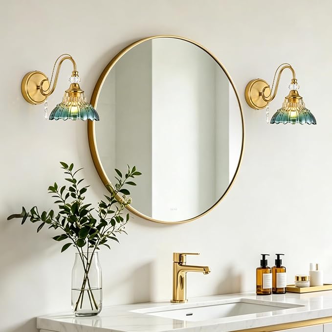 1 Piece Vintage Wall Sconce, 1-Light Brushed Gold Finish Wall Sconce with Hanging Crystal Accents and Flower-Shaped Teal Shades for Bathroom Bedroom Living Room,Vintage Vanity Light