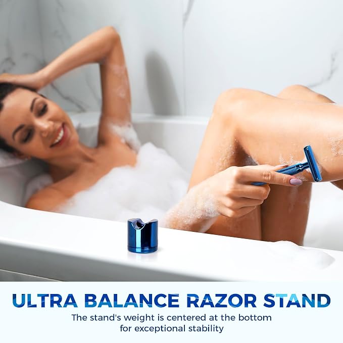 Double Edge Safety Razor with Stand, Version 2.0 Includes 10 Blades | Premium noble blue finish with a vibrant metallic appearance and durable coating.