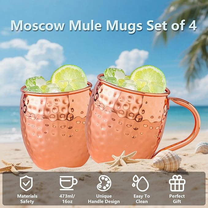 UNISWEET Moscow Mule Copper Mugs-100% Pure Copper Handmade, Classic Welding Handles, 16oz for Drinking, Premium Moscow Mule Copper Cups Set of 4 for Cold Drinks Cocktail Beer Wine Party Bar