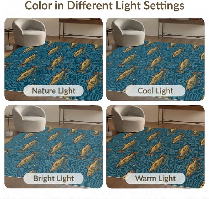 4'x6' Washable Area Rug Bass Sporting Tackle Lure Wave Motif Border Angler Fish Fishing Refined Pet Friendly & Non-Slip for Playroom, Bedroom, Reading Nook