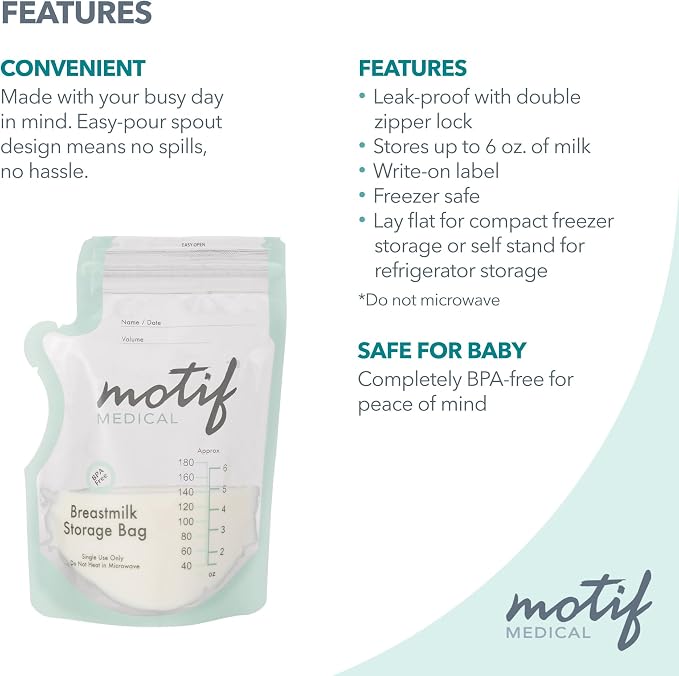 Motif Medical Breastmilk Storage Bags - Freezer Bag w/Easy Pour Spout, Write-On Label - Leak-Proof Double Zipper Milk Bags for Breastmilk - Ideal Breastfeeding Mom Gifts (6 oz, 90 Count)