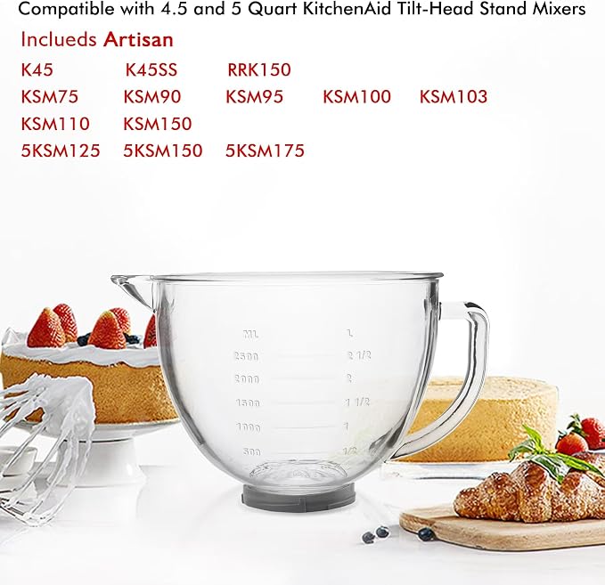 Glass Mixing Bowl 5 QT for KitchenAid 4.5 and 5 Quart Tilt-Head Stand Mixers