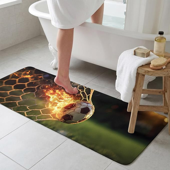 Flaming Soccer Bathroom Runner Rugs Non Slip Washable Absorbent Narrow Long Bath Mat Goal Net Powerful Fire Orange Grass Green Runner Rugs for Kitchen Hallway Bedroom Laundry Study Room 19.7"x63"