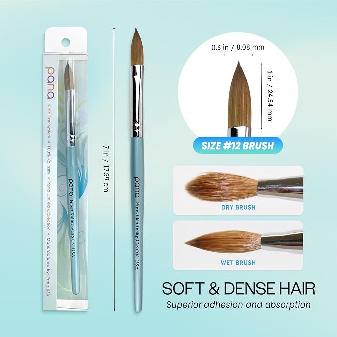 PANA Pure Kolinsky Hair Acrylic Nail Brush - Oval Crimped Teal Wood Handle (Size 12)
