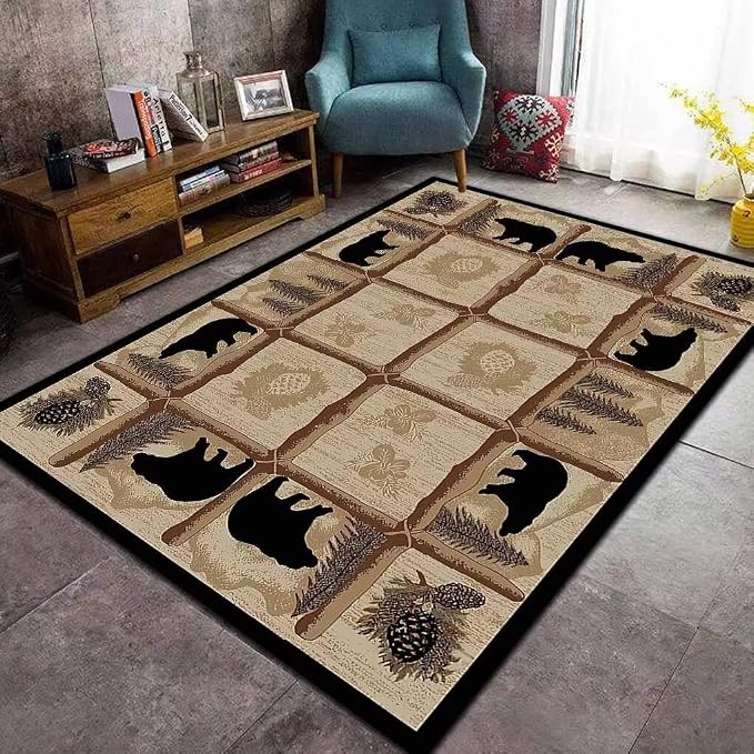 Rustic Lodge Cabin Bear Rectangular Area Rug for Bedroom Non-Slip Vintage Western Wildlife Style Throw Rugs Office Decor Pine Tree Print Carpet 5'x7'