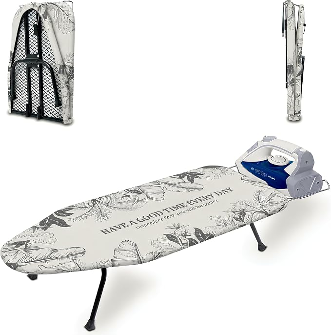 Metal Mesh Panel Tabletop Ironing Board | Foldable Iron Board | Heavy Duty Small Iron Board with Heat Resistant Cover and 100% Cotton 8mm Thicken Pad (Grey Leaves)