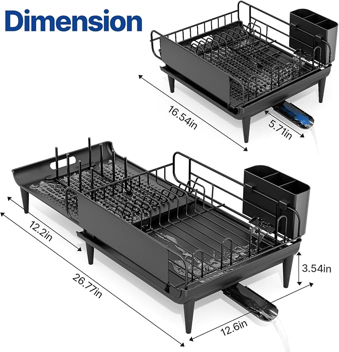 Urackify Expandable Dish Drying Rack with Drainboard for Kitchen Counter | Expands from 16.9 to 26.6 inches to fit more dishes, plates with fast drainage and flexible placement for any sink