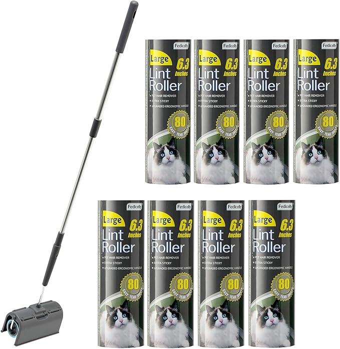 Fedicelly Lint Rollers Pet Hair Extra Sticky Floor with Long Handle,Large Cat Dog Hair Remover Laundry Clothes Carpet Furniture,6.3 inches Wider with 640 Sheets Giant Lint Remover Brush for Couch