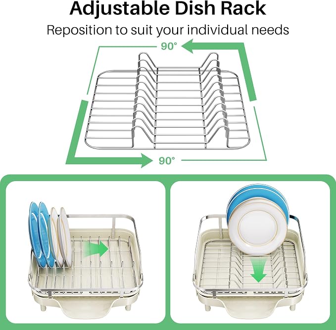 SNTD Dish Drying Rack, Expandable Dish Rack for Kitchen Counter, Stainless Steel Dish Drainer with Drainboard Set and Utensil Holder (Beige)