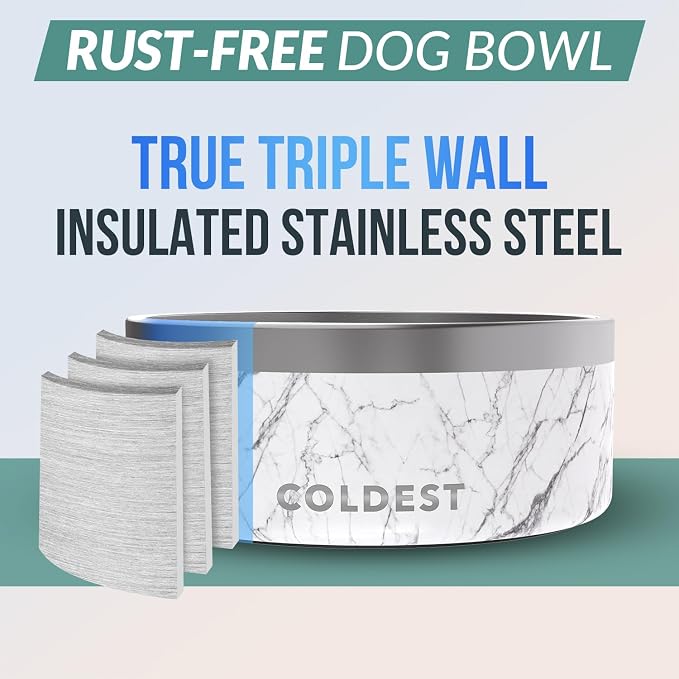 Coldest Dog Bowl - Anti Rust Metal, Non Slip, 3 Layers Insulated Stainless Steel Dog Bowls - Spill Proof & Heavy Duty - Water Bowl for Dogs, Cats & Pets, Dish Washer Safe (100 oz, Carrara Marble)