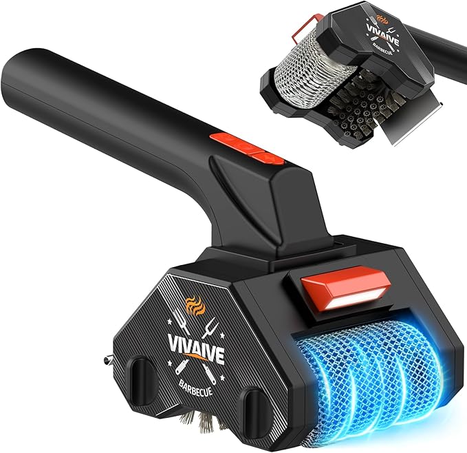 Electric Grill Brush - Dual-Head Cordless Rechargeable BBQ Cleaner with 304 Stainless Steel Chain Roller & Wire Brush | 320 RPM Power Rotary BBQ Scrubber for All Grates