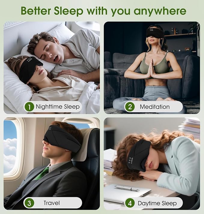 Sleep Mask with Headphones Bluetooth 5.4, LC-dolida Wireless Music Eye Mask for Sleeping Headphones with Soft Bamboo Cotton Cooling Breathable,Ultra-Thin Stereo Speaker for Side Sleepers-Ink