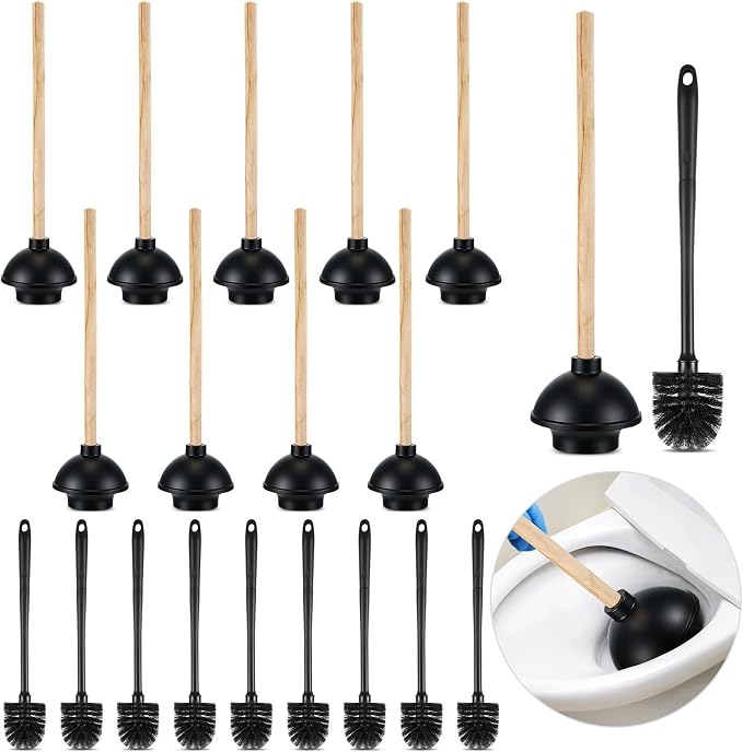 Sawysine 20 Pcs Commercial Toilet Plunger and Brush Set 6 Pack 18" Rubber Plunger with Double Thrust Force Suction Cup Handle and 6 Pack 16.54" Toilet Bowl Brush Bulk for Store Restaurant (Wood)