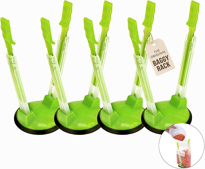 Jokari Adjustable Baggy Rack Stand 4-Pack | Hands-Free Freezer Bag Holder, Gallon, Quart, Sandwich Size Storage Bags, Ideal, Pouring Leftovers, Meal Prep