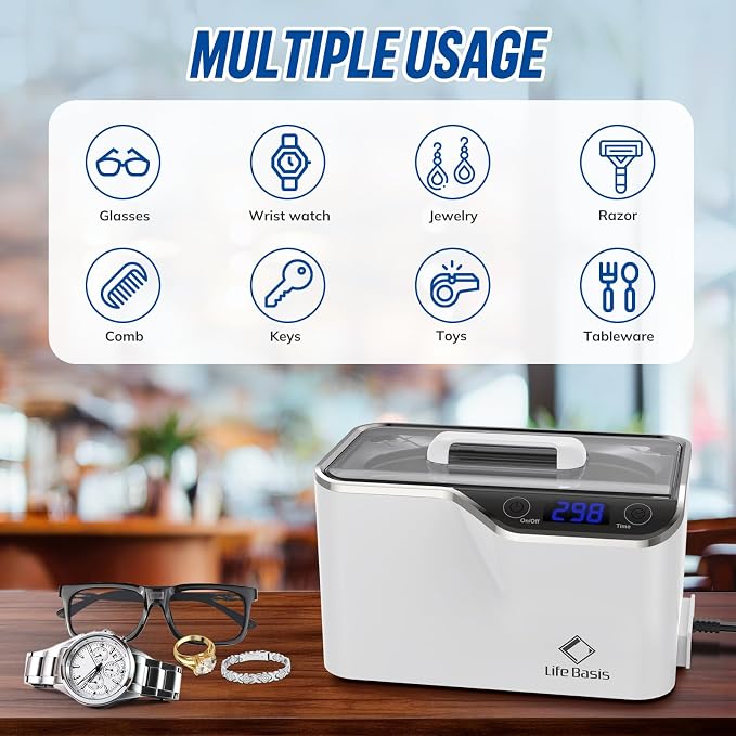 LifeBasis Ultrasonic Cleaner – 45kHz Professional Ultrasonic Jewelry Cleaner 600ML with Built-in Cooling Fan, 5 Digital Timer for Rings, Coins, Watches, Eyeglasses, Dentures, Retainers & More, White