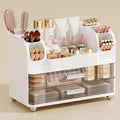 UFORU Makeup Organizer for Vanity with 2 Large Drawers, Cosmetic Display Case with Brush Holders, Easy to Storage for Bathroom Countertop Skincare, Perfume, White