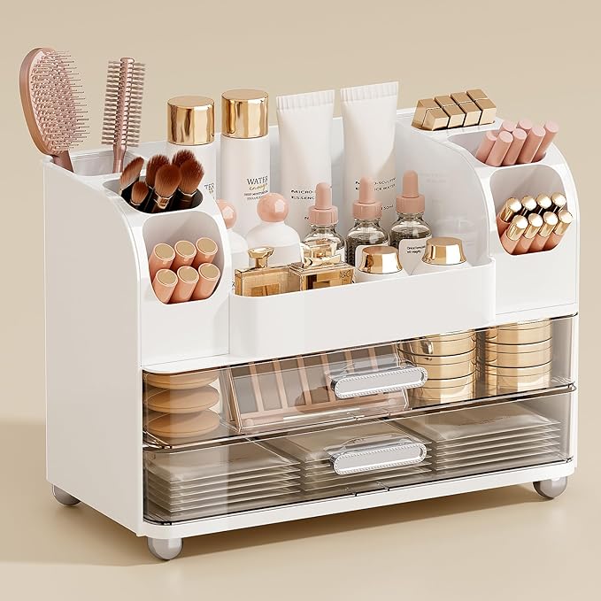 UFORU Makeup Organizer for Vanity with 2 Large Drawers, Cosmetic Display Case with Brush Holders, Easy to Storage for Bathroom Countertop Skincare, Perfume, White