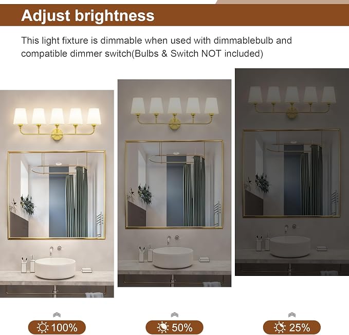 Bathroom Vanity Light, Brushed Gold Bathroom Light Fixtures, 5-Light Lighting Fixtures Over Mirror, Modern Wall Sconce with Flared White Fabric Shade, E26 Socket(ETL Listed)