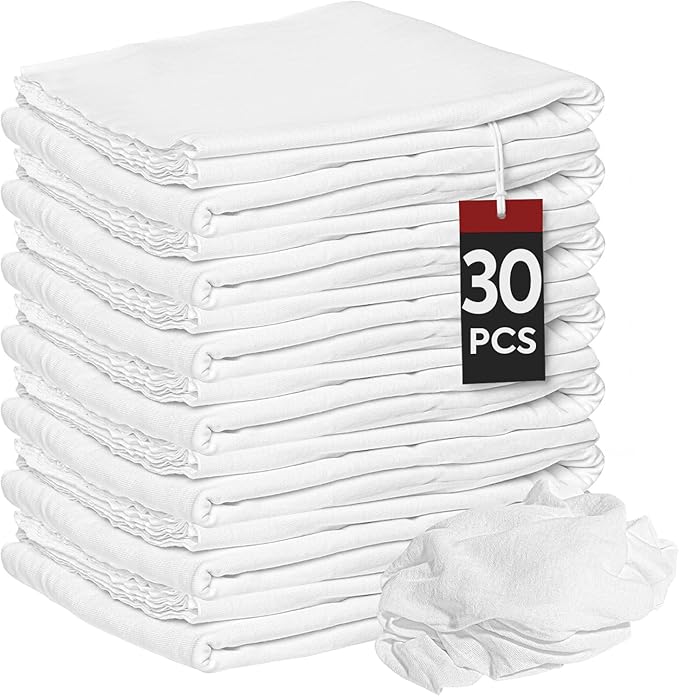 Nabob Wipers New Lint Free Cloth (30 Pack) - 100% Cotton Cleaning Rags Exact Cut - Premium White Rags for Cleaning House - White Rags for Dusting, Staining, Polishing, Painting 18"x18"
