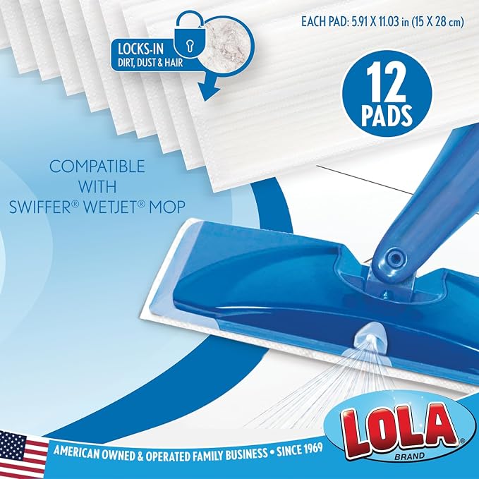 LOLA Wet Jet Refills, 12 Pack, Compatible w/ Swiffer Wet Jet Mop, Disposable Floor Cleaner Pads - Hardwood, Linoleum, Laminate, Marble & Vinyl