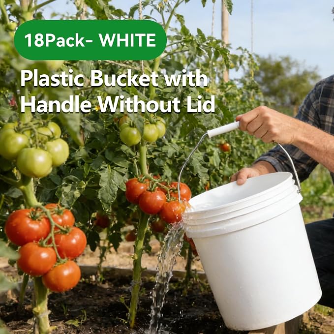 18-Pack 2.5 Gallon Plastic Bucket with Handle – White Heavy-Duty Food Grade Water Storage Buckets for Cleaning, Paint, Ice, Halloween & More