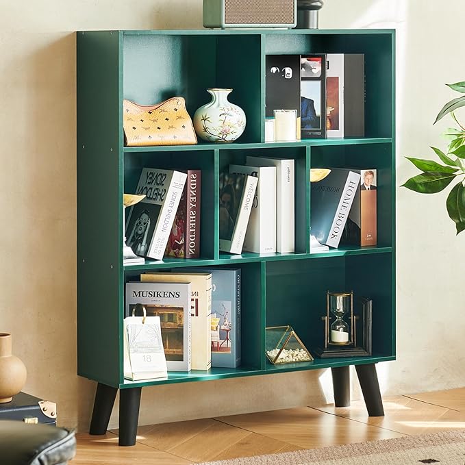 LEYAOYAO Cube Bookshelf, Mid-Century Modern Book Shelf with Legs,Dark Green | 3 Tier Bookcase, Rustic Wood Bookshelves Freestanding Small Storage Organizer, Open Shelves for Bedroom, Living Room, Office
