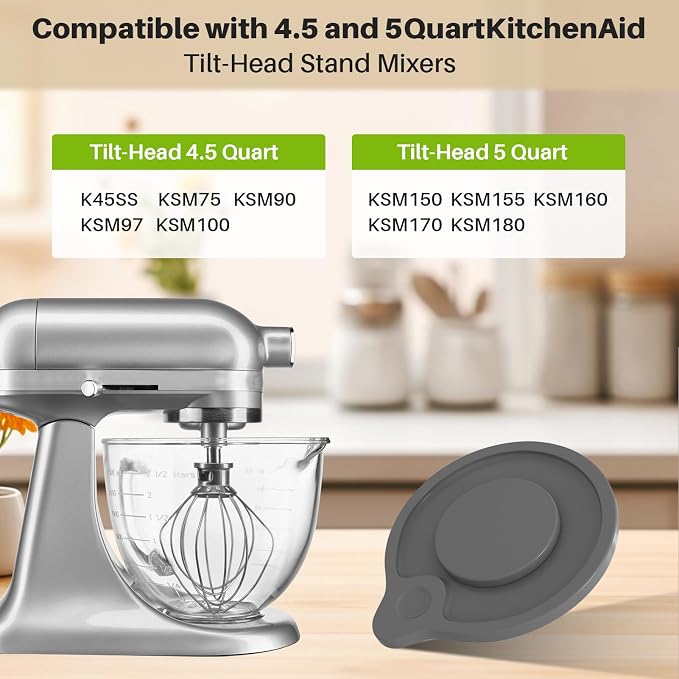 Glass Mixing Bowl 5QT Compatible with KitchenAid 4.5 & 5-Quart | Tilt-Head Stand Mixers, Includes Spout Cover, Measurement Markings & Lid, Dishwasher Safe, Microwave & Freezer Safe