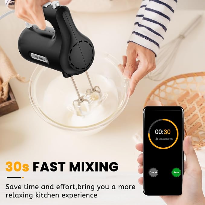 Lord Eagle 5-Speed Hand Mixer Electric, 300W Compact Handheld Mixer, Portable Kitchen Egg Beater with 5 Attachments & Storage Bag, Cake Supplies for Bread Dough Baking, Lightweight, Black