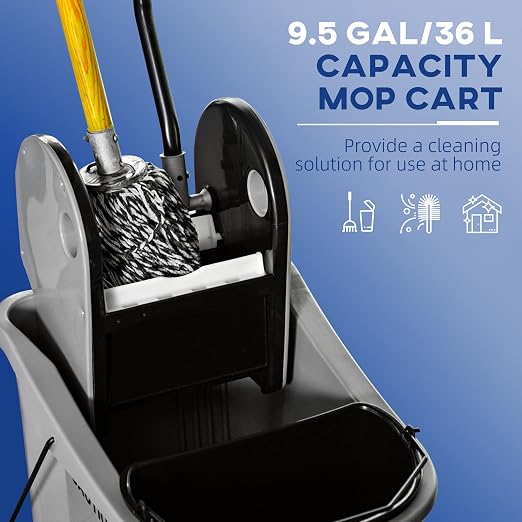 HOMCOM 9.5 Gallon (38 Quart) Mop Bucket with Wringer Cleaning Cart Grey | 4 Moving Wheels, 2 Separate Buckets, Mop-Handle Holder