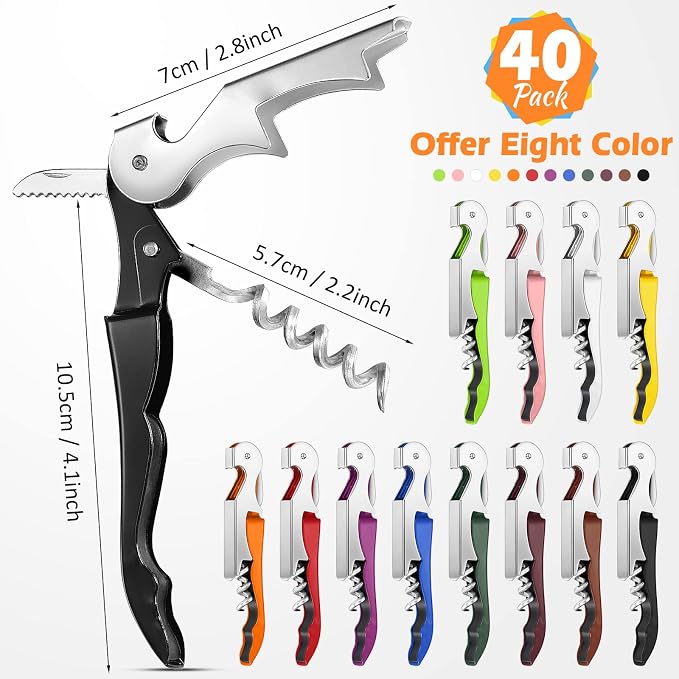 Honoson 40 Pieces Wine Opener Bulk Corkscrew Bottle Wine Key Opener Waiter Metal Heavy Beer Corkscrew Serrated Foil Cutter Key for Servers Home Restaurants Bars Waiter Bartenders (Bright Colors)