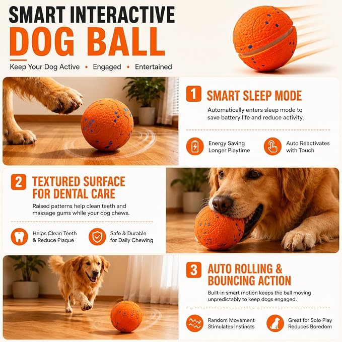 Interactive Dog Toy Ball - Automatic Self-Moving Bouncing Smart Dog Ball with E-TPU Chewproof Material, Motion-Activated 2 Modes, USB Rechargeable, IPX7 Waterproof for Small Medium Large Dogs