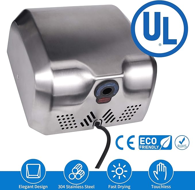 Goetland UL Approved Commercial Hand Dryer 1800w Stainless Steel Automatic High Speed Heavy Duty Hand Blower Dull Polished for Bathroom Business Restaurant Industrial Home Use