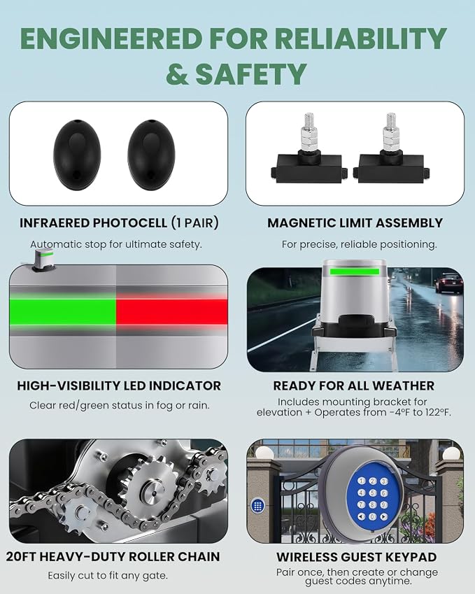 1300lb Sliding Gate Opener with Chain Drive & Solar Panel, WiFi/App & Keypad & Remote Control, Built-in Backup Battery & Infrared Safety Sensor - Complete Automatic Motor Kit for 40ft Gates