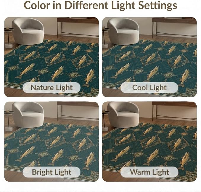 8'x10' Washable Area Rug Bass Cabin Vintage Lure Motifs Tackle Motif Border Fish Fishing Refined for Dining Room, Large Office, Lounge, Non-Slip Chair-Friendly