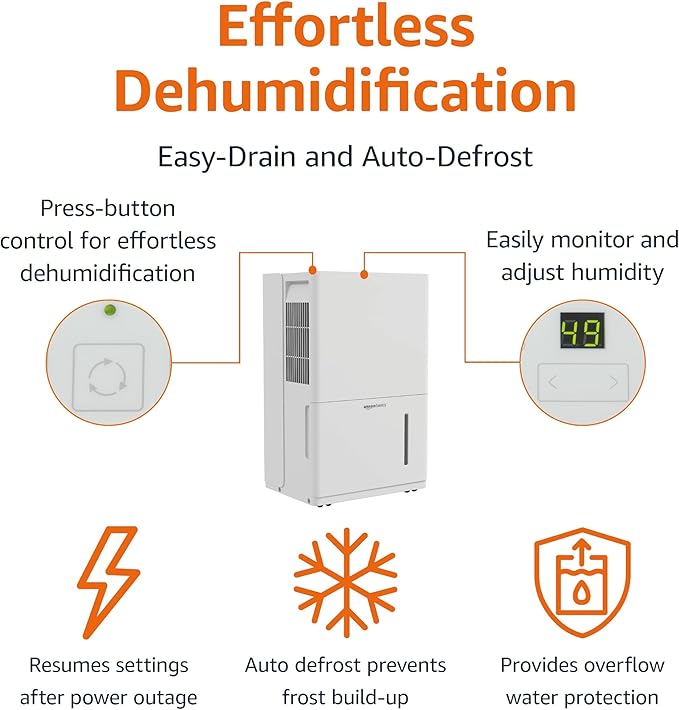 Amazon Basics 35-Pint Large Dehumidifier for Home, Humidity Control, Auto-Defrost, Timer, Overflow Protection, for Rooms up to 2500 SFT, White