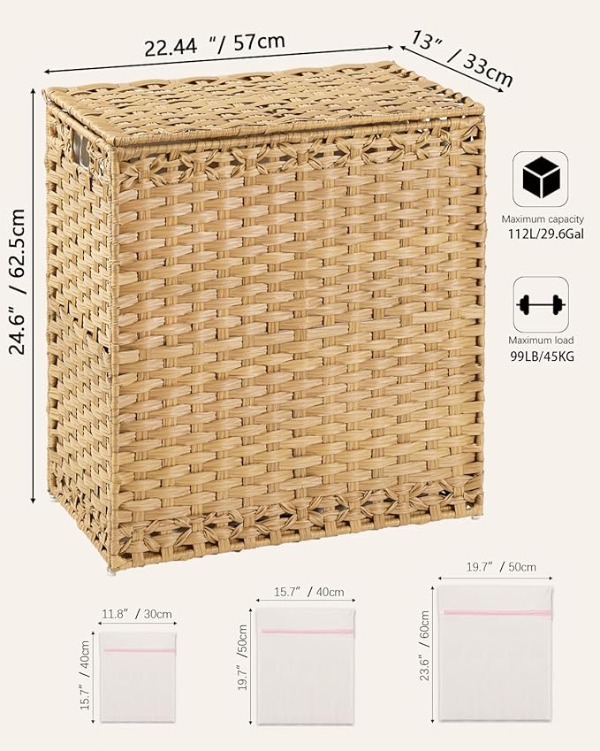 SETVSON Laundry Hamper with Lid Wicker Laundry Basket 112L, Natural | Large Family Clothes Sorter Trunk with Lid, 3 Compartment Washable Liners, 6 Mesh Bags, Collapsible Steel Frame