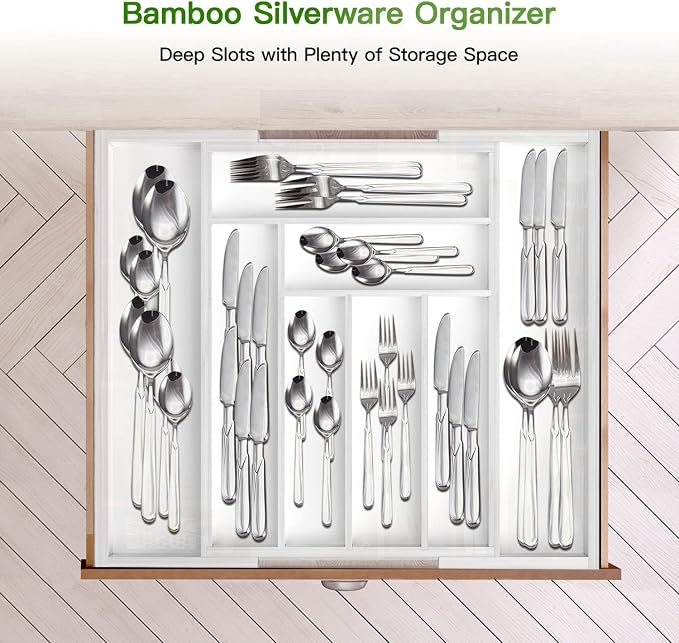 Pipishell Bamboo Expandable Drawer Organizer for Utensils Holder, Adjustable Cutlery Tray, Wood Drawer Dividers Organizer for Silverware, Flatware, Knives in Kitchen, Bedroom, Living Room (White)