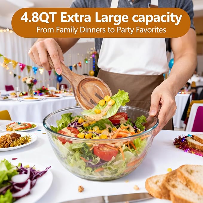 4.8QT Glass Salad Bowl Set, Lid Doubles as Charcuterie Board | 5-Piece Set, Utensils Included, Microwave Safe Glass, Dishwasher Safe, Airtight Lid, Perfect for Potlucks & Gifting