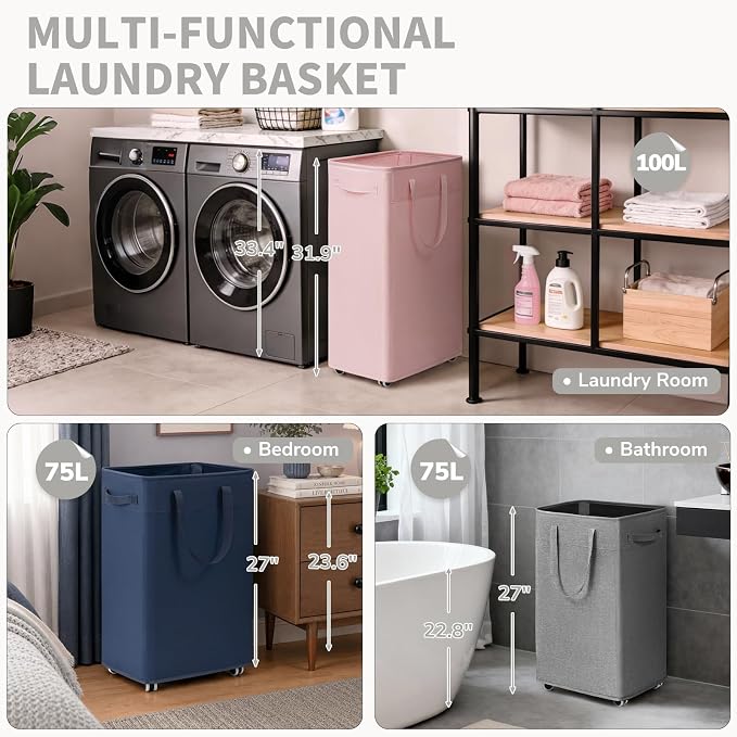 CHICVITA 100L Slim Laundry Hamper with Wheels, Collapsible Rolling Laundry Basket for Living Room, Pink Laundry Hamper for College Dorm