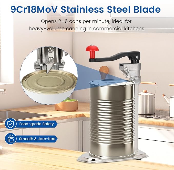Commercial Can Opener Heavy Duty for Large Cans up to 13", Industrial Tabletop Manual Can Opener with 9Cr18MoV Steel Blade and Plated Steel Base, Dual Mount System for Restaurant Kitchens