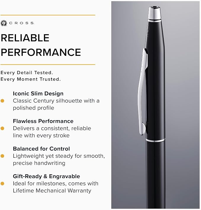 Cross Classic Century Black Lacquer Ballpoint Pen - Refillable Pen for Effortless Writing - Black Ink - Durable Construction - Premier Distinctive Look - Gift-Ready