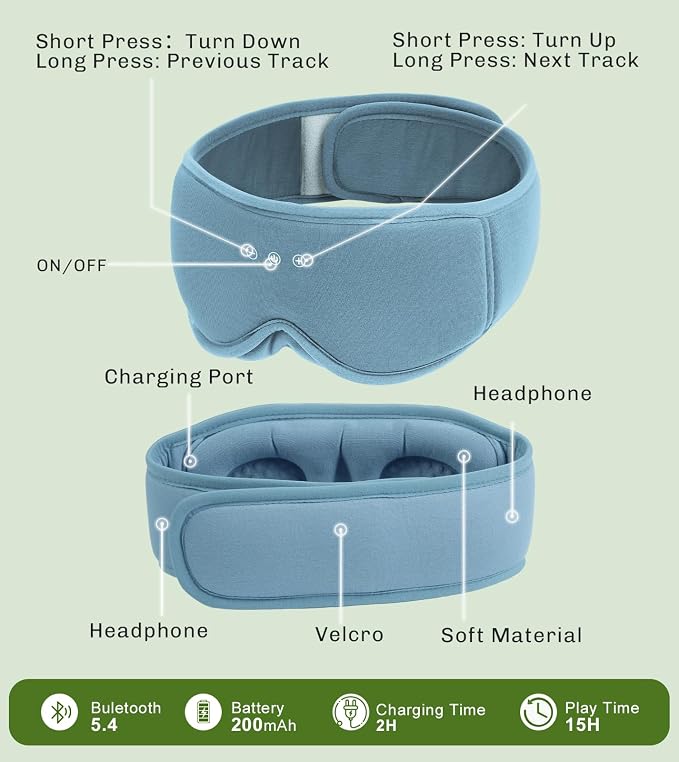 Bamboo Cotton Sleep Mask for Women - Bluetooth Sleep Headphones for Side Sleeper Blackout Eye Mask for Sleeping 3D Contoured Sleep Eye Cover Headband Ear Plugs Low Noise Hook (Blue)