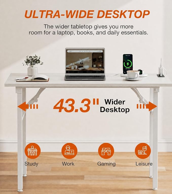 XBurmo Small Folding Desk Folding Table, No Assembly Foldable Desk Gaming Desk, 43.3-Inch Computer Table Workstation with 2 AC Outlets and 2 USB Ports for Bedroom and Home Office, White Ash