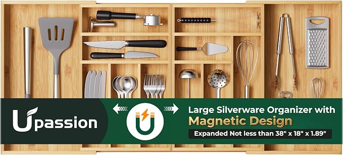 Large Silverware Organizer, 12 Slots Magnetic Connected Expandable Bamboo Utensil Drawer Organizer From 21 to 37.4 Inches, Adjustable Flatware and Cutlery Holder, Utensil Tray for Kitchen Natural
