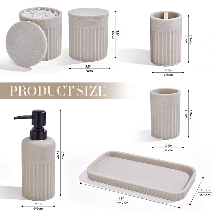 INIUNIK Bathroom Accessory Set, 6 Pieces, Beige | Resin, Bathroom Accessories Set, with Soap Dispenser Set, Toothbrush Holders, Tumbler, Vanity Tray & 2 Qtip Holder