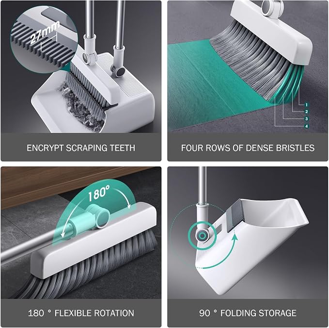 3-in-1 Stand up Heavy Duty Broom with Dustpan, Long Handle 180° Rotation for Indoor & Outdoor Sweeping, Scouring Pads Scrubbers