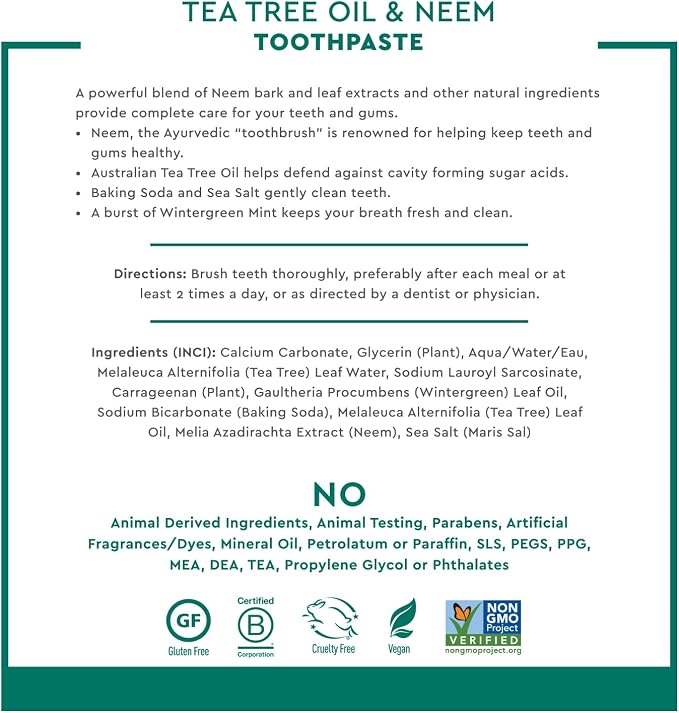 Desert Essence Tea Tree Oil and Neem Toothpaste, Wintergreen, 3 Pack | Three 6.25 oz tubes with baking soda and sea salt; fluoride-free, SLS-free, vegan and gluten-free