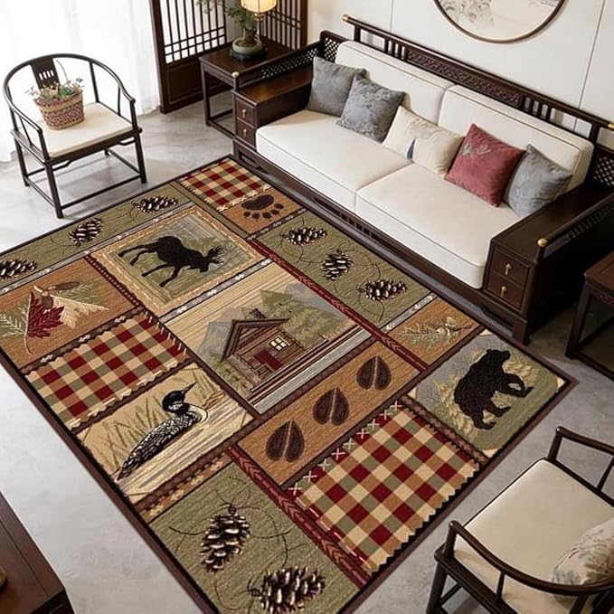 Rustic Cabin Deer Rugs 6ftx9ft Western Wildlife Bear Indoor Decorative Carpet for Bedroom Living Room Non-Slip Lodge Elk Bear Entryway Mat