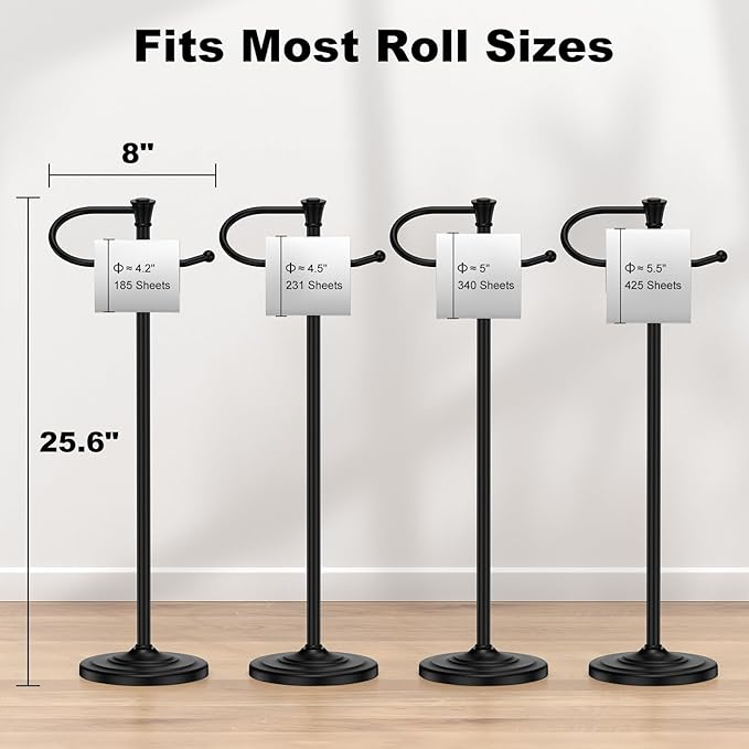 Toilet Paper Holder Free Standing, 25” H Stainless Steel Black Toilet Paper Stand, Weighted Base Floor Tissue Roll Holder for Bathroom,Toilet Roll Stand