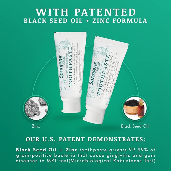 SprinJene Natural Fluoride Toothpaste – Natural Toothpaste for Gum Health & Cavity Protection – Patented Black Seed Oil & Zinc Formula for Healthy Teeth & Gums – Made in the USA (4 Pack)